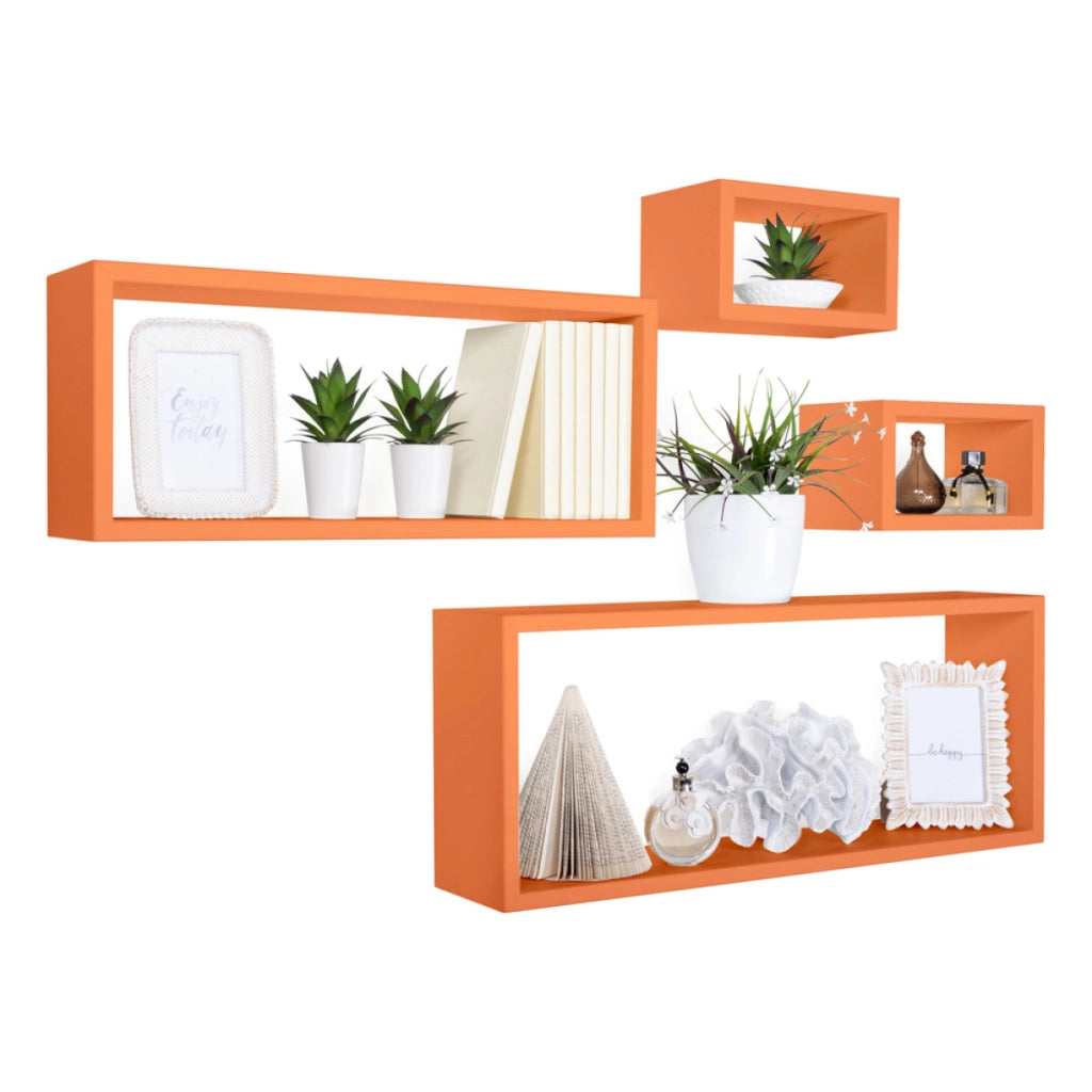 Set 4 Mensole da Muro Modello MERLINO, Pensile Bagno, Mensola Parete, Scaffale Parete. Misure 75x30 p15.5 cm, 60x25 p15.5 cm e 2 da 25x15 p15.5 cm. Finitura  ARANCIO - MADE IN ITALY