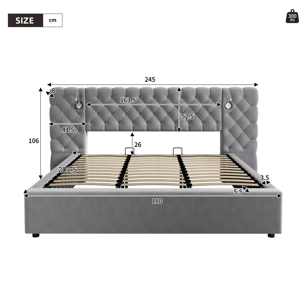 LETTO Contenitore 180x200 cm in velluto grigio con luce da lettura