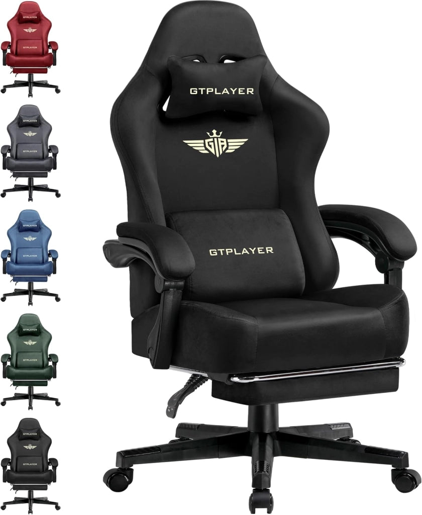 Sedia da gioco in tessuto,ergonomica per computer,con poggiapiedi e supporto lombare, regolabile in altezza,per casa e ufficio,con sedile girevole a 360° e poggiatesta,carico 180 kg (nero)