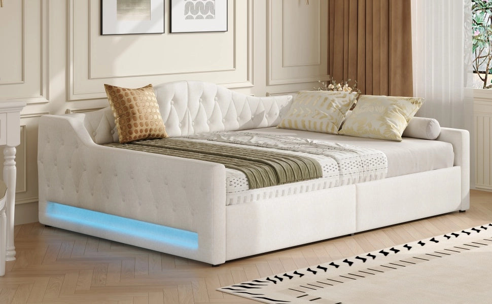 DESMIU Letto divano 140 × 200 cm 2 posti con contenitore, LED, senza materasso, beige