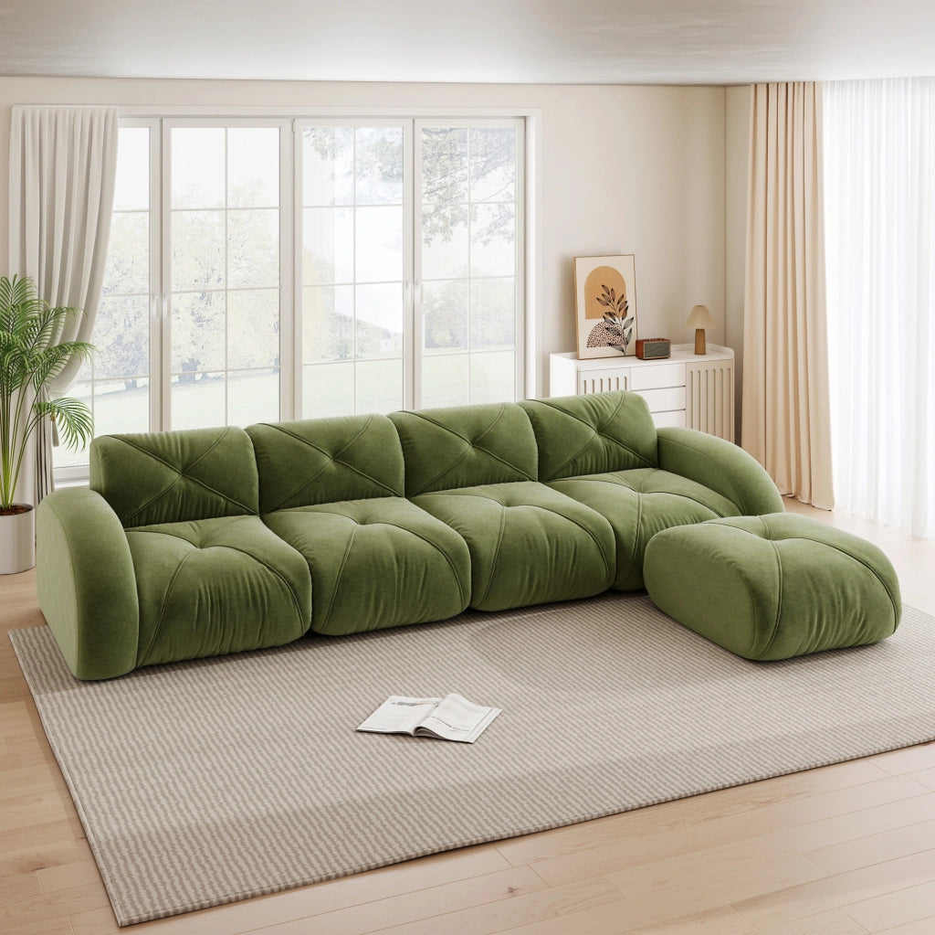 Divano modulare angolare in chenille verde 358x171x76 cm; design senza telaio