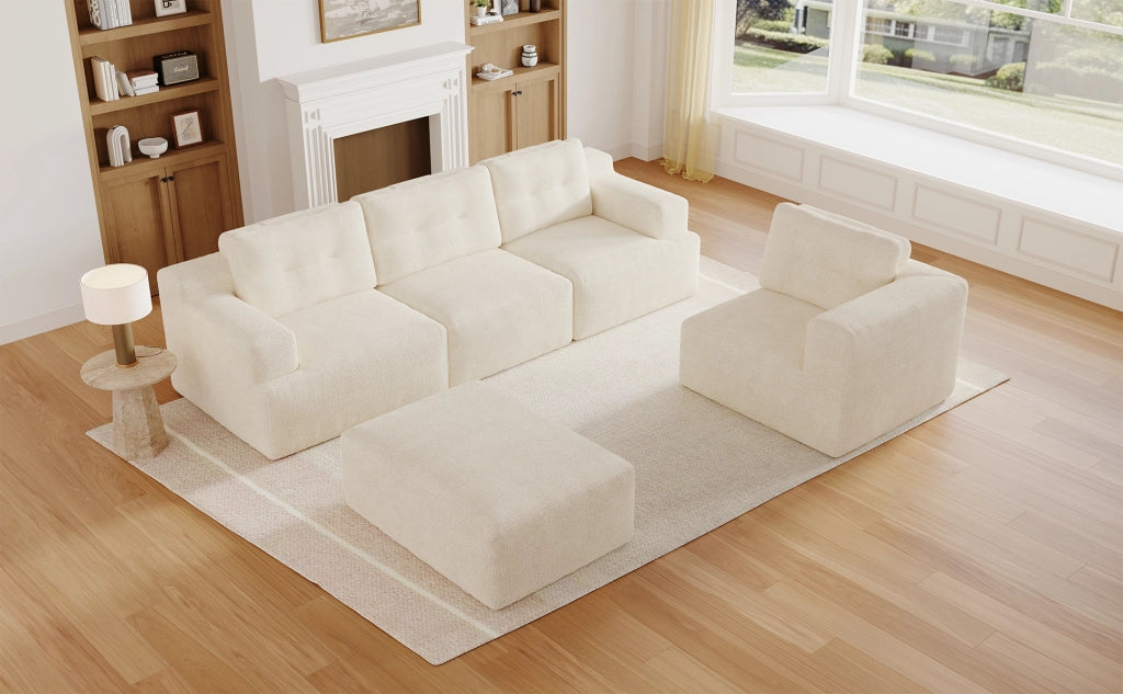 Divano modulare a U componibile con poggiatesta alto e pouf design senza telaio senza montaggio in chenille beige