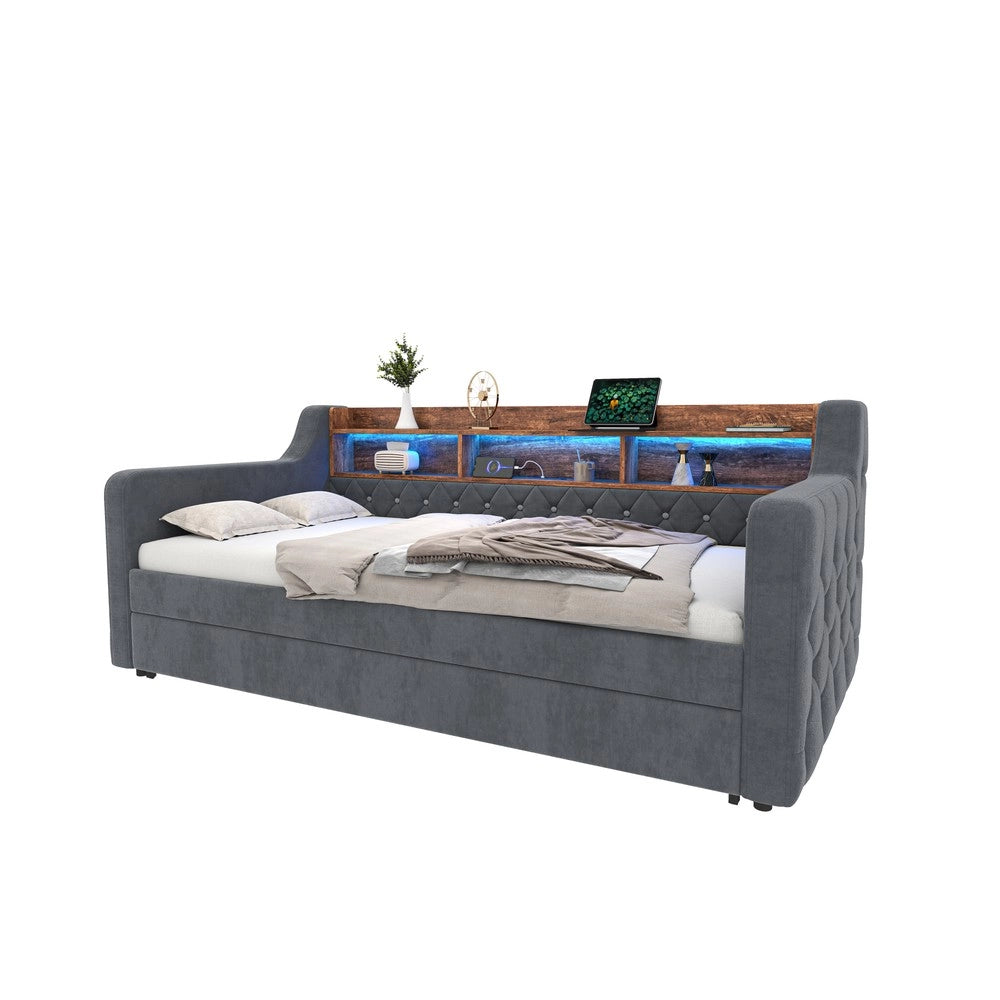Letto Singolo Contenitore Imbottito in Velluto con LED e USB ¨C MINIMAL ¨C Grigio 90x190