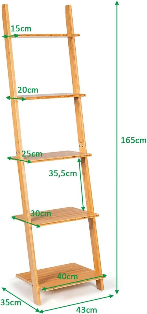 Scaffale a Scala con 5 Ripiani, Libreria Moderna in Bambù con Ripiani Aperti, Libreria a Parete Multiuso per Soggiorno Cucina Ufficio, 43x35,5x165 cm