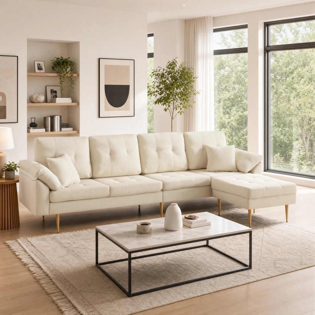Divano 4 posti in velluto a coste con pouf modulabile; beige chiaro; 250 cm