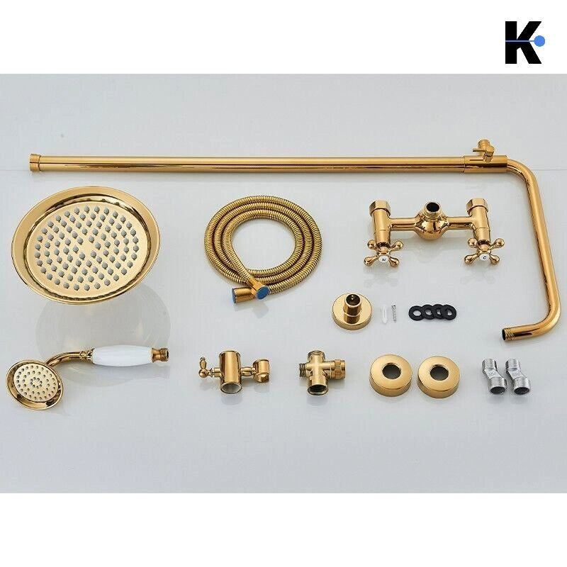 NALA | Set doccia a pioggia vintage in acciaio inossidabile lucido oro | Sistema doccia con rubinetto dal design retrò | Miscelatore doccia completo
