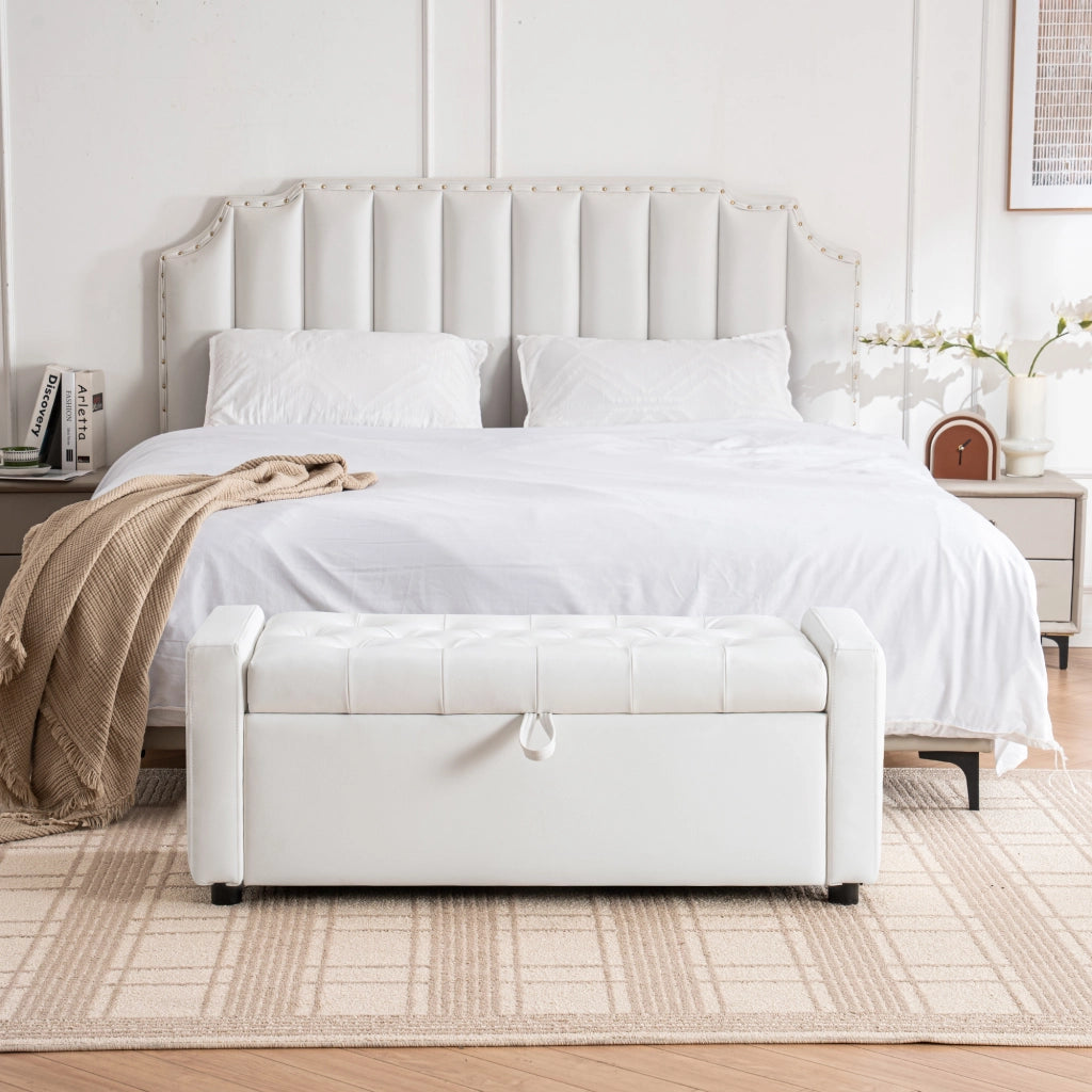 PANCA Contenitore Imbottita 100,5x46x29 cm Bianco Legno e Tessuto