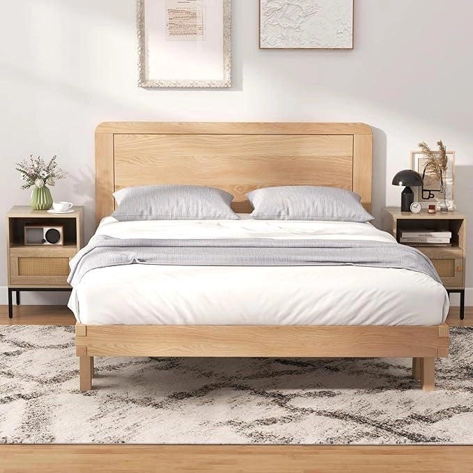 Comodino 40 x 40 x 57cm in Legno e Rattan, Tavolino in Stile Boemia con Ripiano Aperto, Armadietto e Gambe in Metallo, Mobile Moderno per Camera da Letto, Soggiorno e Salotto (2)