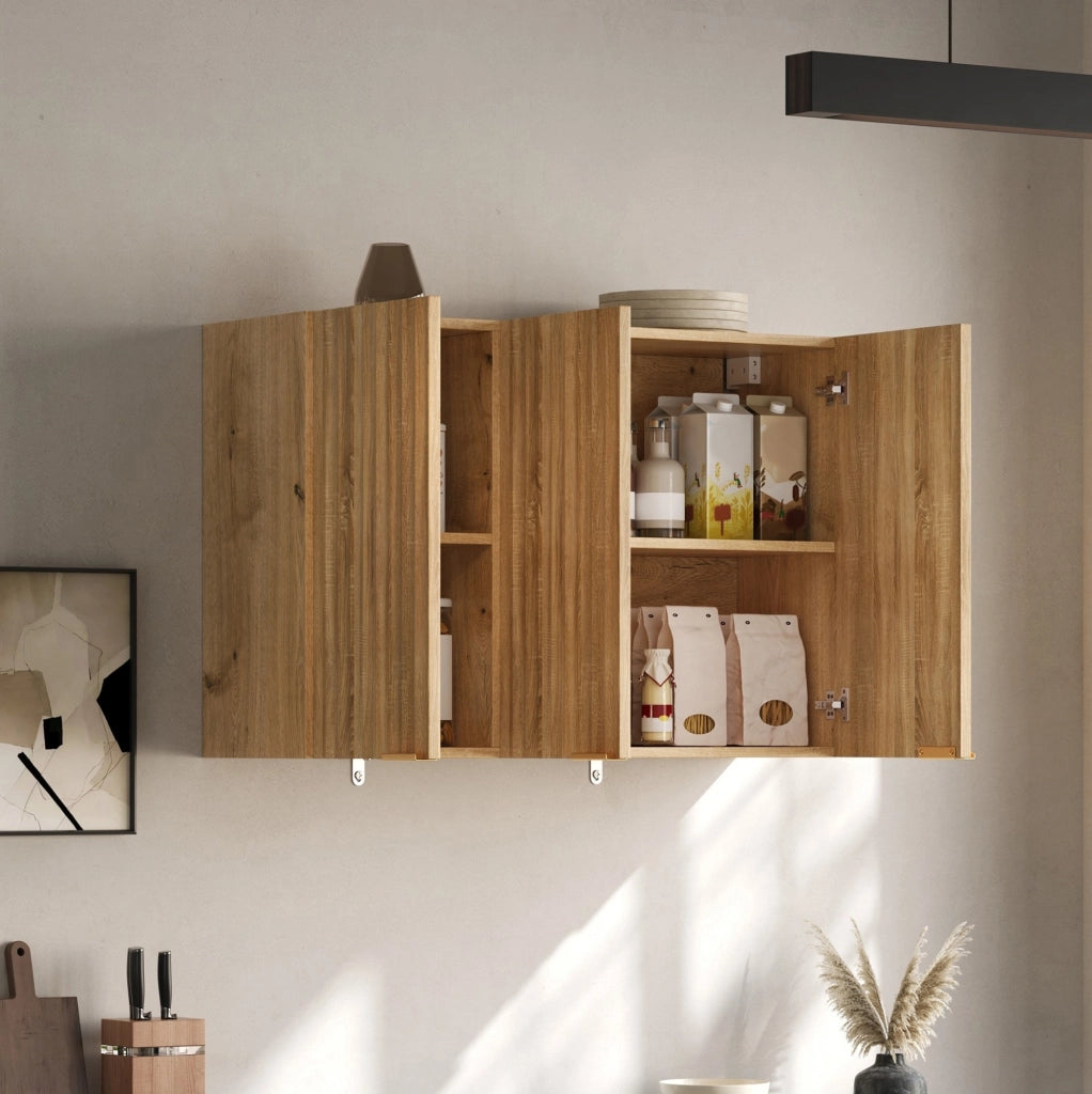 Mobile pensile da parete a 3 ante in MDF naturale, 90 × 29 × 60 cm