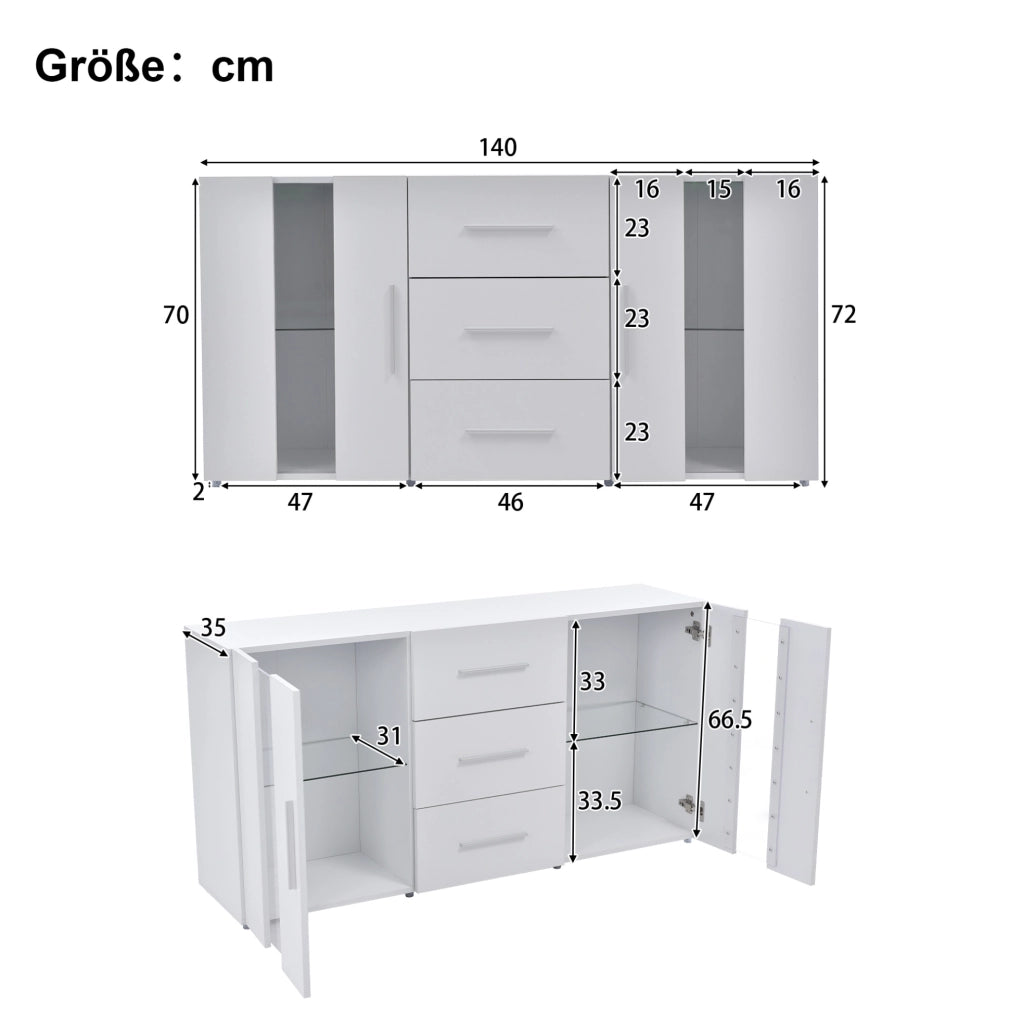 Mobile TV ULEVR 140x35x70 cm con LED USB, 3 cassetti e 2 vani con ripiani removibili