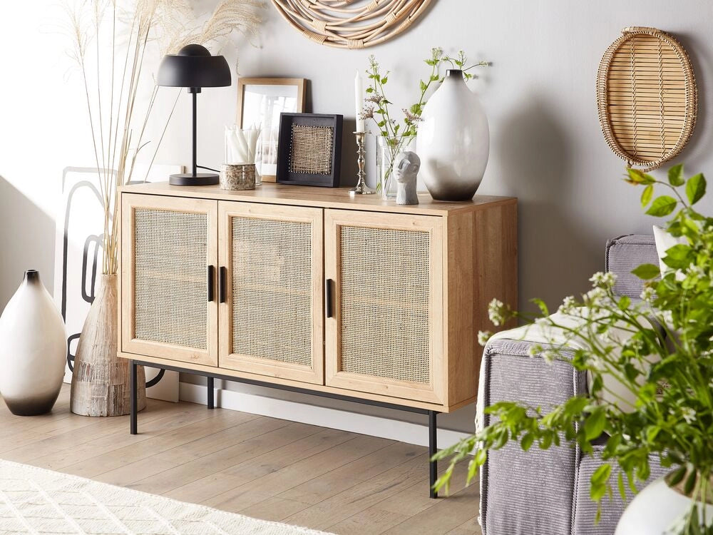 Credenza Moderna a 3 Cassetti con Fronte in Vimini 72 x 120 cm Legno Chiaro