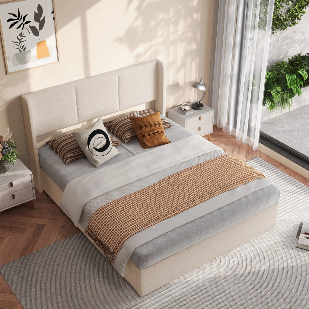 Letto matrimoniale contenitore 160x200 cm con testiera imbottita struttura letto rete a doghe vano idraulico in lino-beige