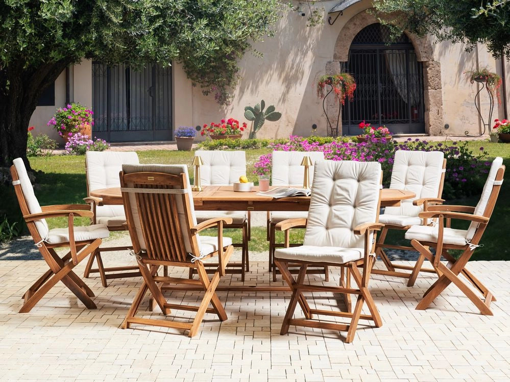 Set da pranzo da giardino con tavolo ovale sedie pieghevoli con cuscini beige chiaro a 8 posti Maui design rustico