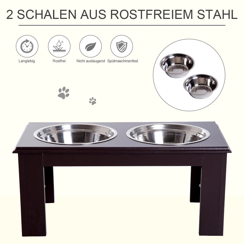 Portaciotole rialzato con due ciotole in acciaio inox per acqua e cibo colore espresso 58,4 × 30,5 × 25,4 cm