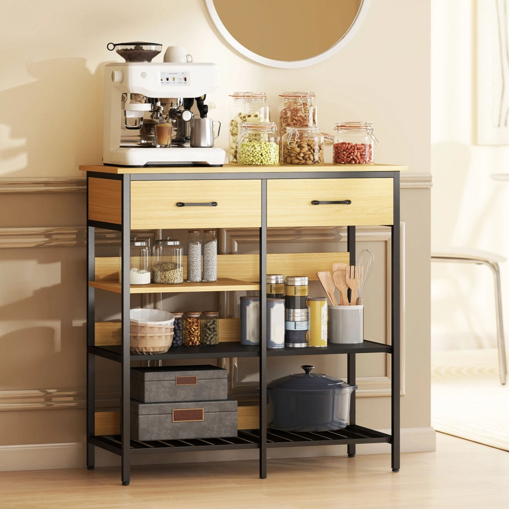Cassettiera con 2 cassetti e 3 ripiani aperti per cucina e soggiorno ¨C Minimal ¨C 90x40x91 cm, legno naturale
