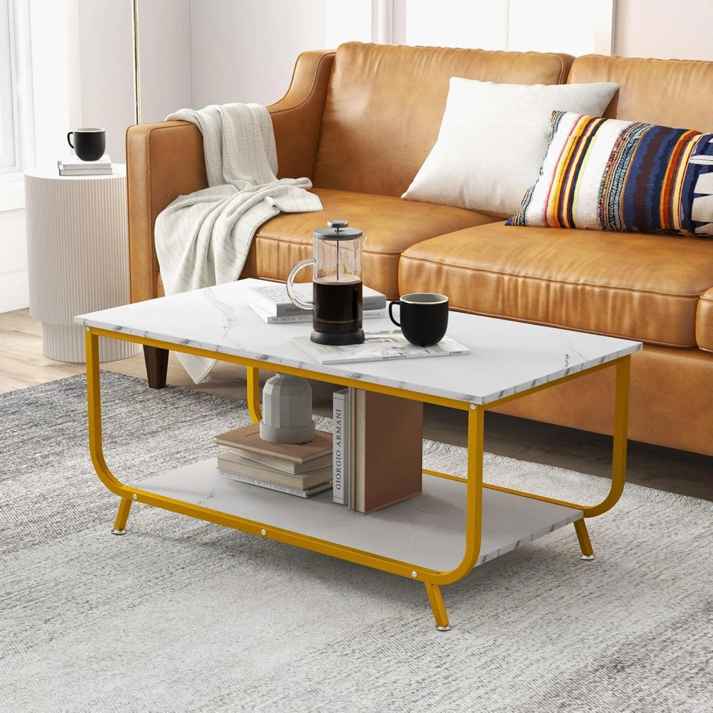Tavolino da Caffè a 2 Ripiani, Tavolo da Salotto Moderno, Tavolino da Divano con Struttura Metallica e Scomparto Aperto, Peso Max 50 kg, 105 x 55 x 46,5 cm (Bianco)