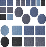 Pannelli di denim opstrikkabili per riparazione di jeans - 24 pezzi in 4 stili - blu e nero.