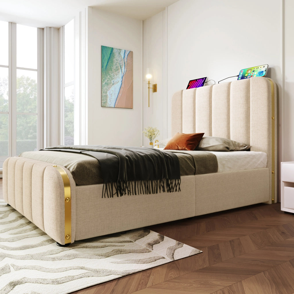 Letto Contenitore Letto Matrimoniale 160 x 200 cm con USB; Type-C e LED regolabile; senza Materasso; Lino Beige