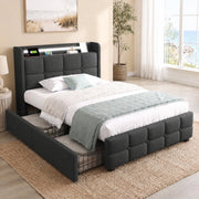 Letto singolo imbottito 90x200 cm con materasso; LED; USB; prese e 2 cassetti; grigio