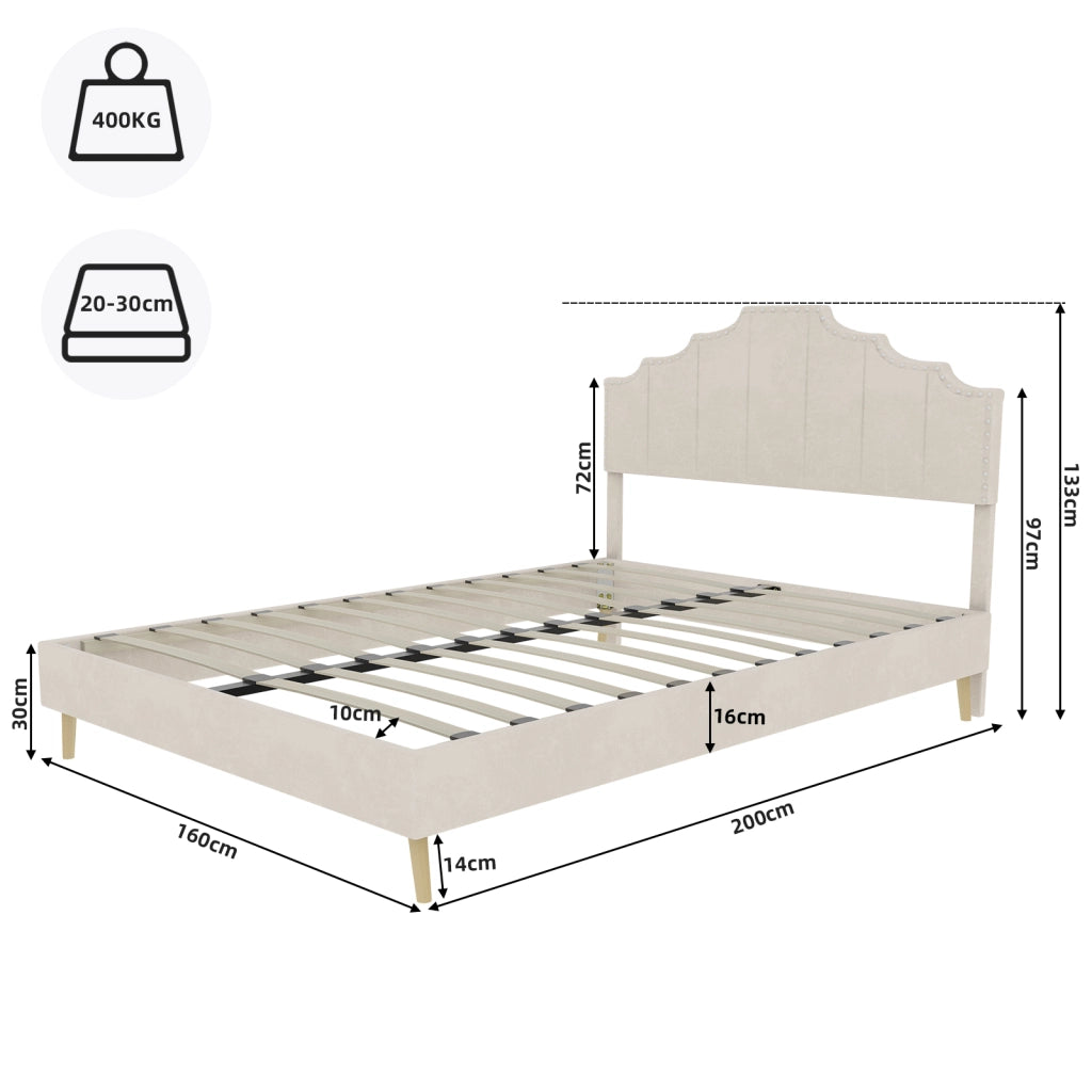 Letto 160x200 cm con Testiera Geometrica; in Tessuto e Metallo; Beige