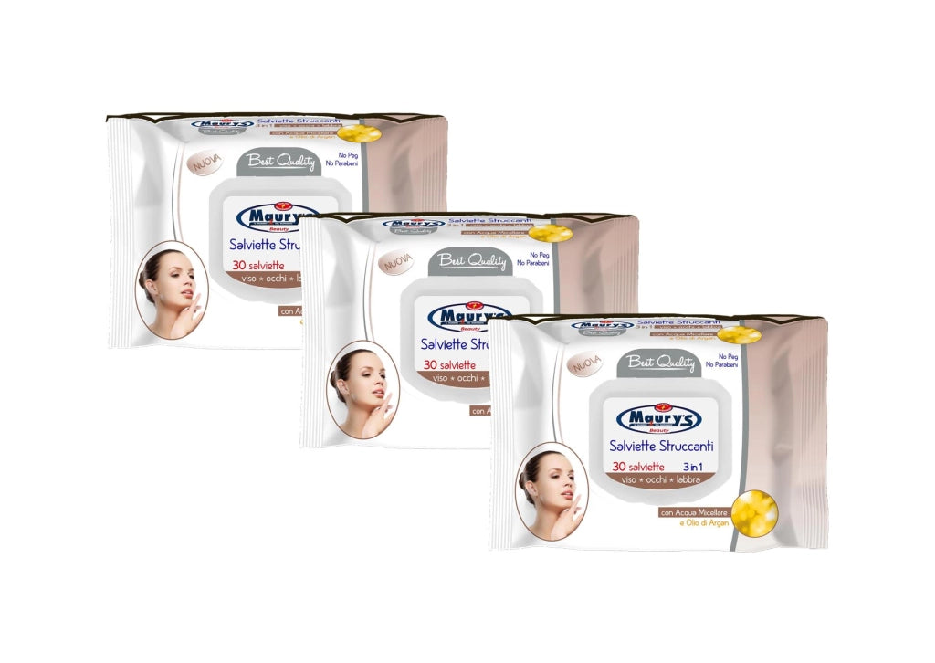 KIT SET 3 PZ MAURY'S SALVIETTE DETERGENTI UMIDIFICATE STRUCCANTI