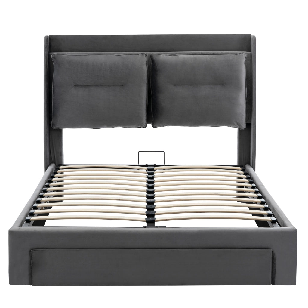 Letti contenitori 140x190 cm; sollevamento idraulico e luci LED; velluto; grigio scuro (Senza materasso)