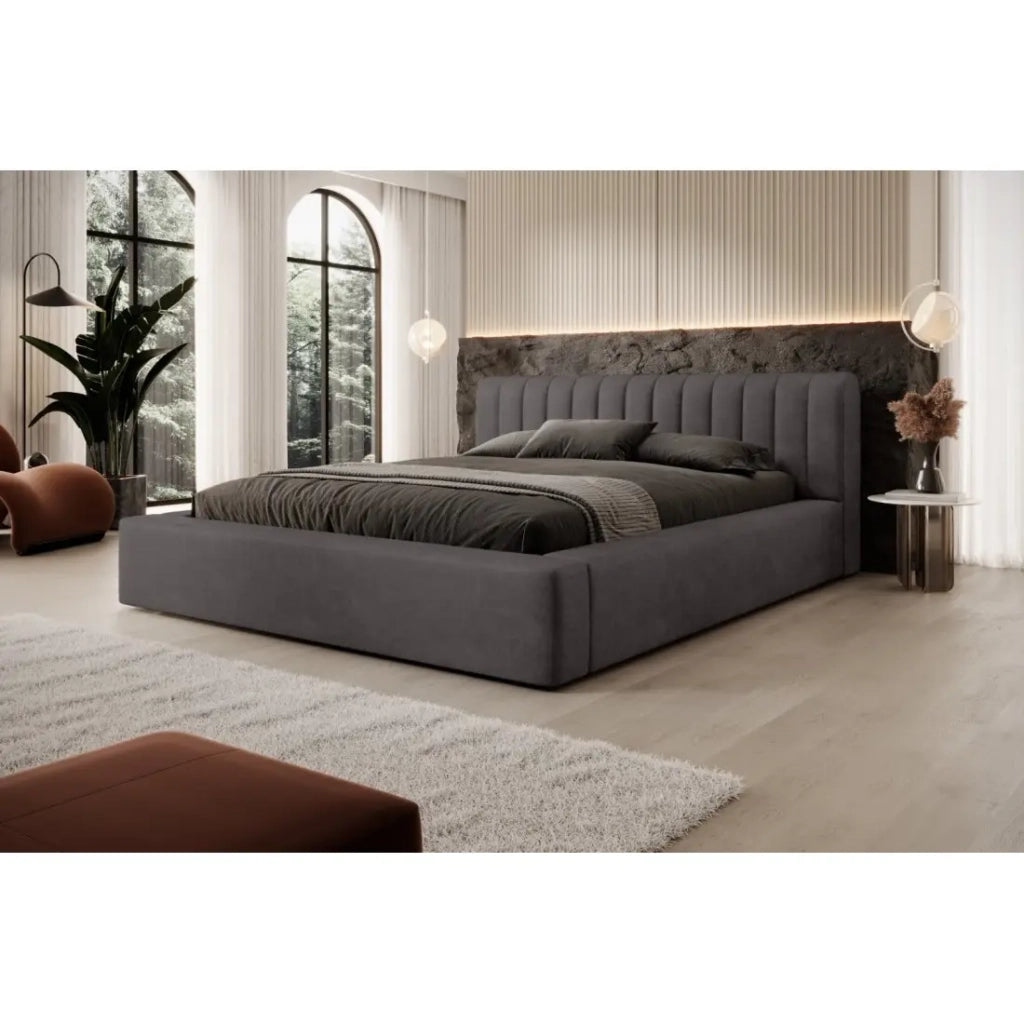 Letto contenitore CERVIN – Velluto morbido Carbone minerale – 160x200 cm – Rete sollevabile – Design contemporaneo