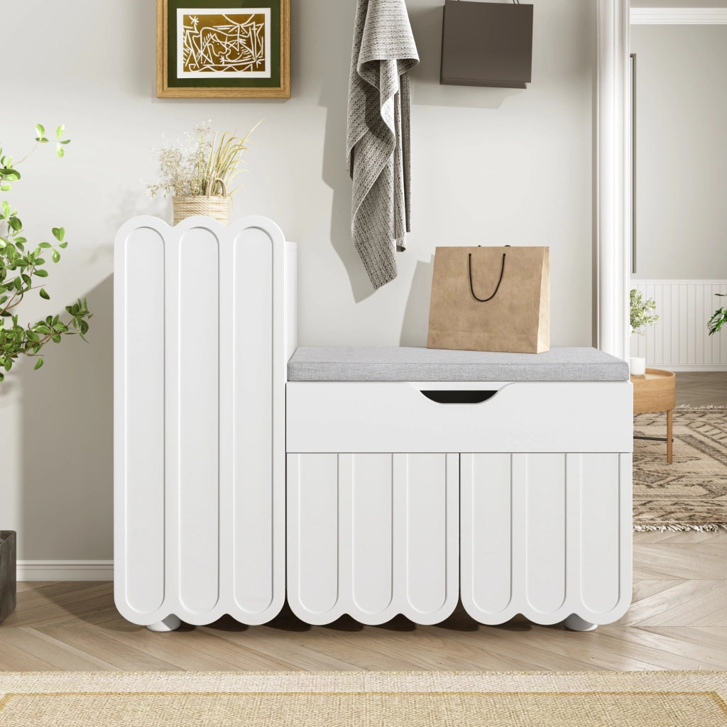 Scarpiera con 3 Ante; 1 Cassetto e Seduta Imbottita; Stile Moderno; in MDF; 90×35×74;5 cm; Bianco
