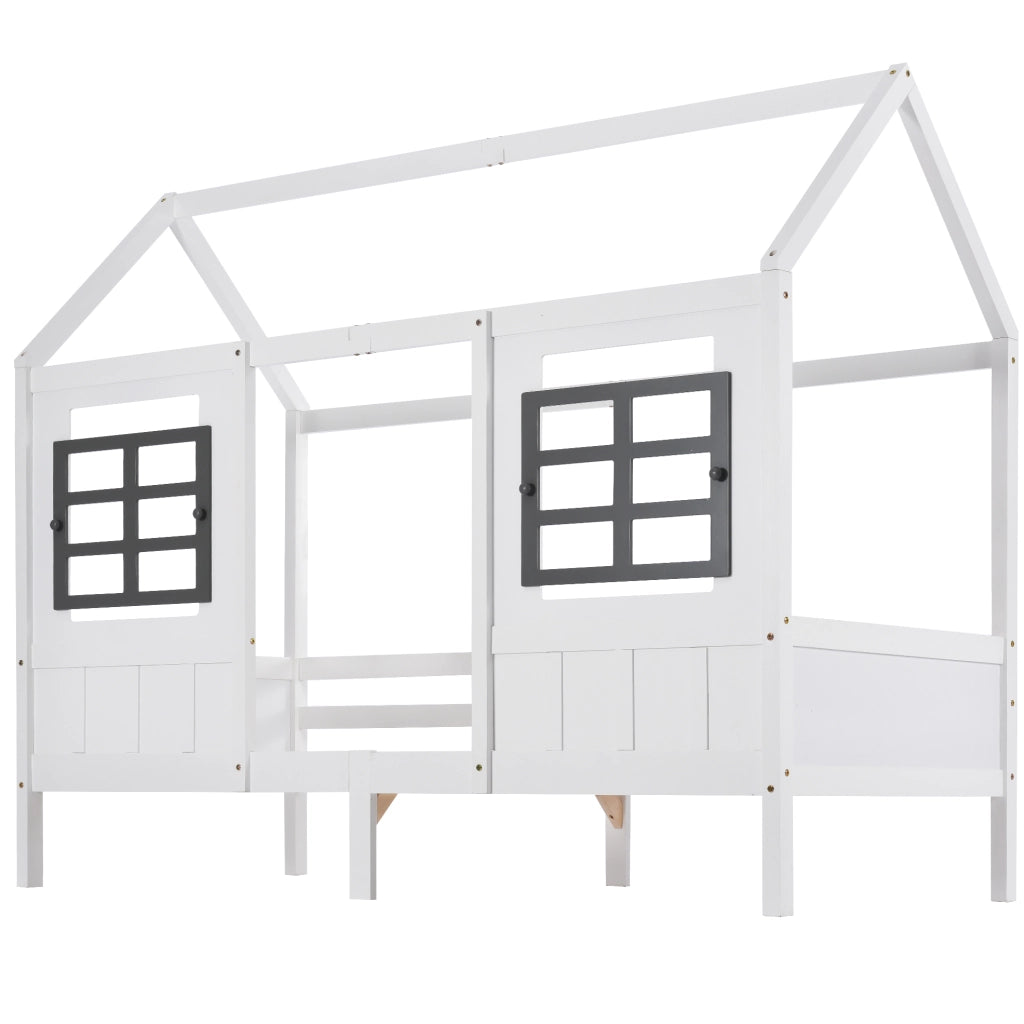 Letto singolo a casetta con 2 cassetti e finestre; 207x97x174 cm; pino e MDF; bianco