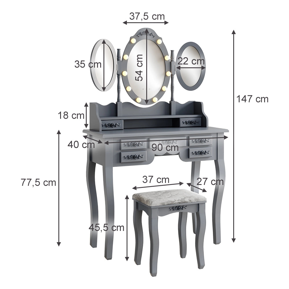 Vicco Tavolo da toilette Grigio 90 cm con illuminazione e sgabello