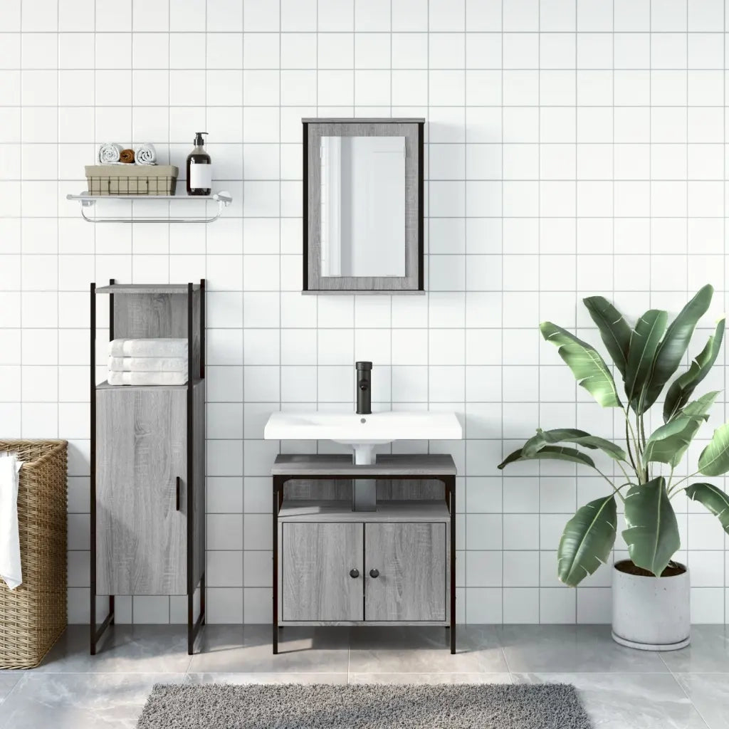 Set Mobili da Bagno | Armadio da bagno 3 pz Grigio Sonoma in Legno Multistrato