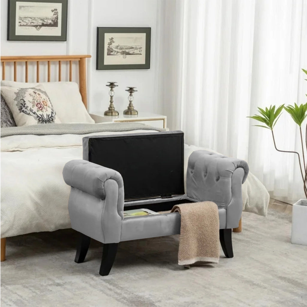 Divanetto In Velluto Panca Contenitore Pouf PortaOggetti Panca Sgabello A Pie Di Letto Cassapanca Ingresso Legno Massello Panchina - GrigioChiaro