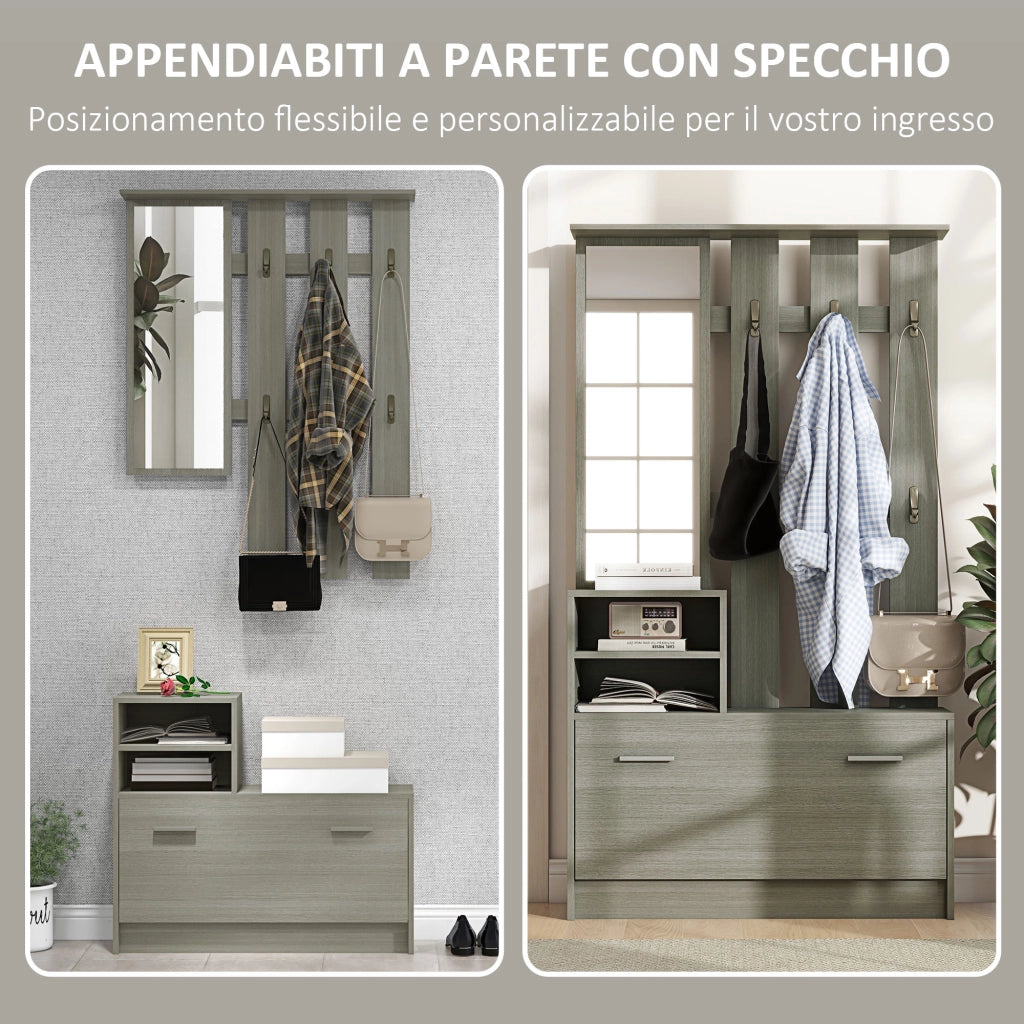Set Mobili da Ingresso con Appendiabiti, Specchio, Panca con Scaffale e Scarpiera per 8 Paia di Scarpe, Grigio