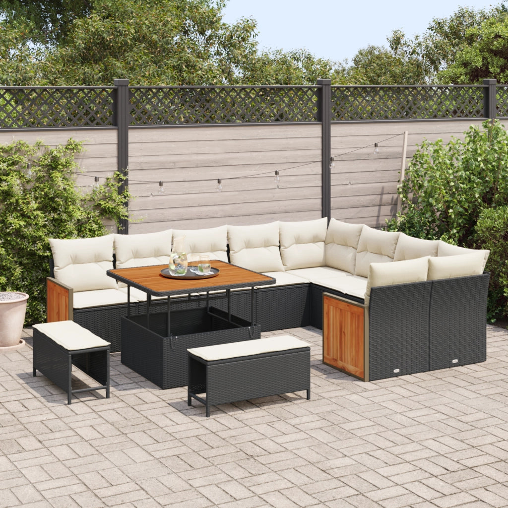 Set Divano da Giardino in 12 Pezzi con Cuscini Nero Rattan Poliestere Acacia