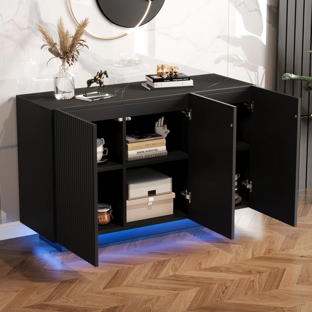 Credenza moderna 120 cm con LED Bluetooth, finitura nera effetto marmo, 3 ante e 6 scomparti