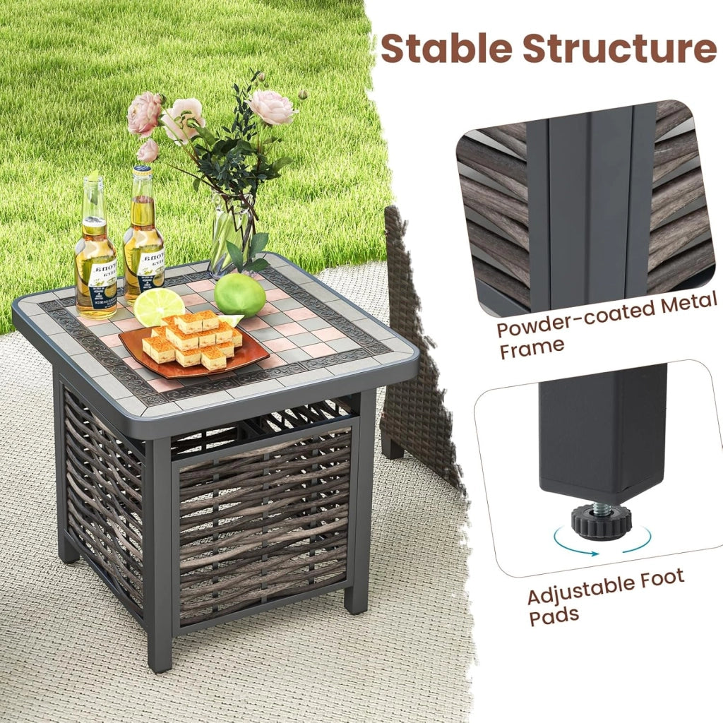 Tavolino da giardino in vimini con foro per ombrellone, tavolino da esterno con piano in resina, tavolino quadrato per giardino, cortile, terrazza, 55 x 55 x 50 cm