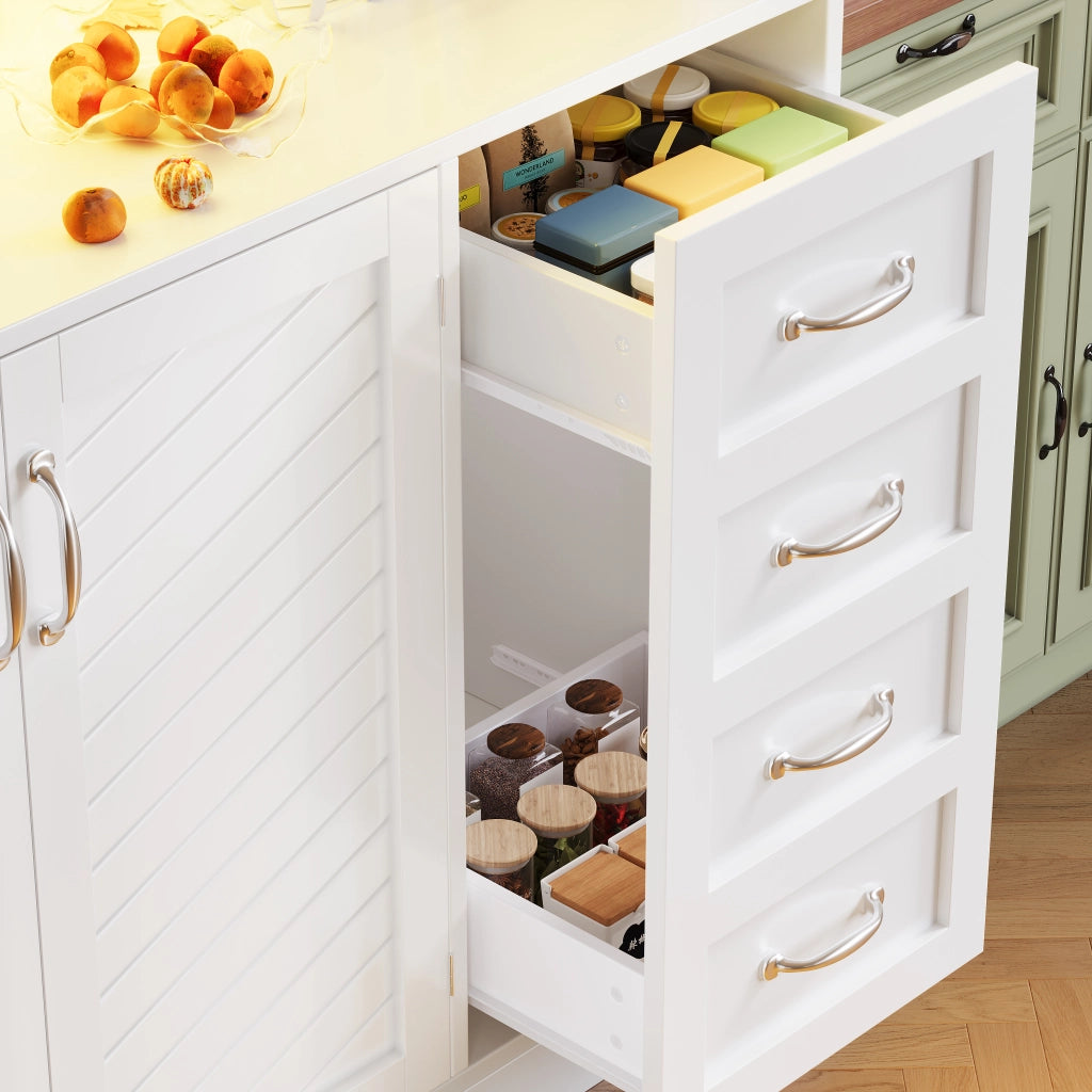 Credenza da cucina con 4 ante; 2 cassetti; ripiano snack; portabottiglie e LED; in MDF; 120x40x188 cm; Bianco
