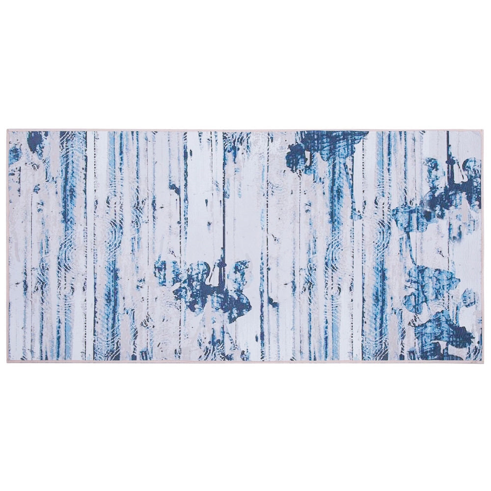 Tappeto tappetino Moquette Tessuto in poliestere beige e blu Motivo astratto invecchiato Fondo rivestito in gomma 80 x 150 cm