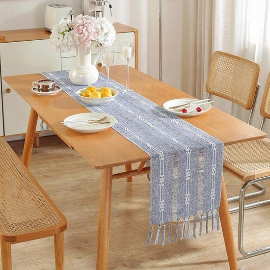 Tavolo rustico con pennelli in stile bohemiano - Decorazione da tavolo a stile fattoria a strisce - Tavolo rustico con bordo a punto di pennelli manuale - Ideale per la decorazione di feste e ristoranti (33x183cm)