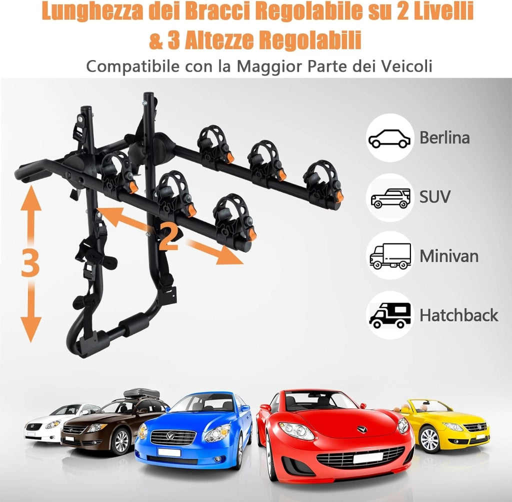 Portabici Posteriore Universale per Auto, Portabici da Portellone per 3 Bici con Lunghezza e Angolo Regolabili, Portata 45 kg, Portabiciclette per Bagagliaio Pieghevole per SUV e Berline