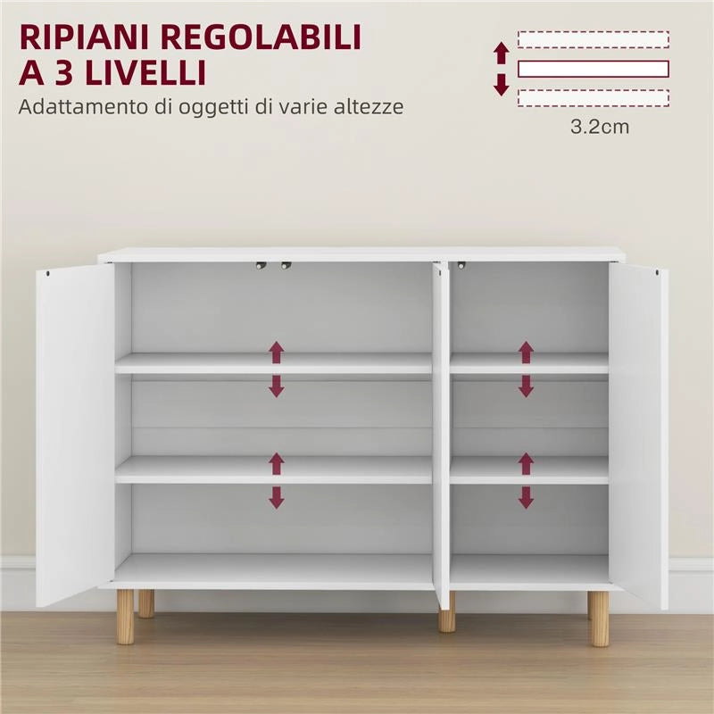 CREDENZA MODERNA CON 2 ARMADIETTI A 3 RIPIANI IN LEGNO, 107X40X80 CM, BIANCO