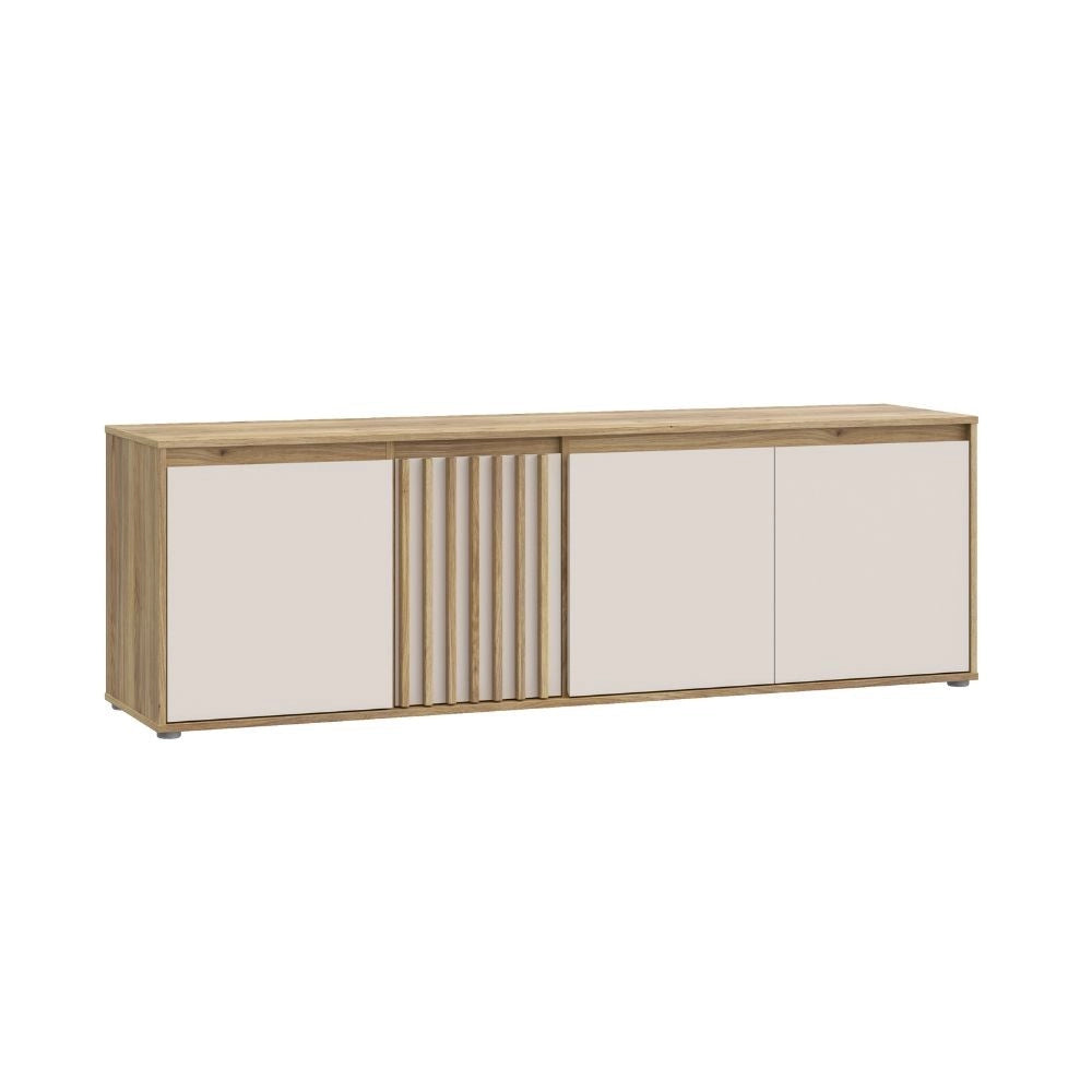 Porta TV Neutra Rovere e Cashmere con 4 Ante con dettagli Cannettati