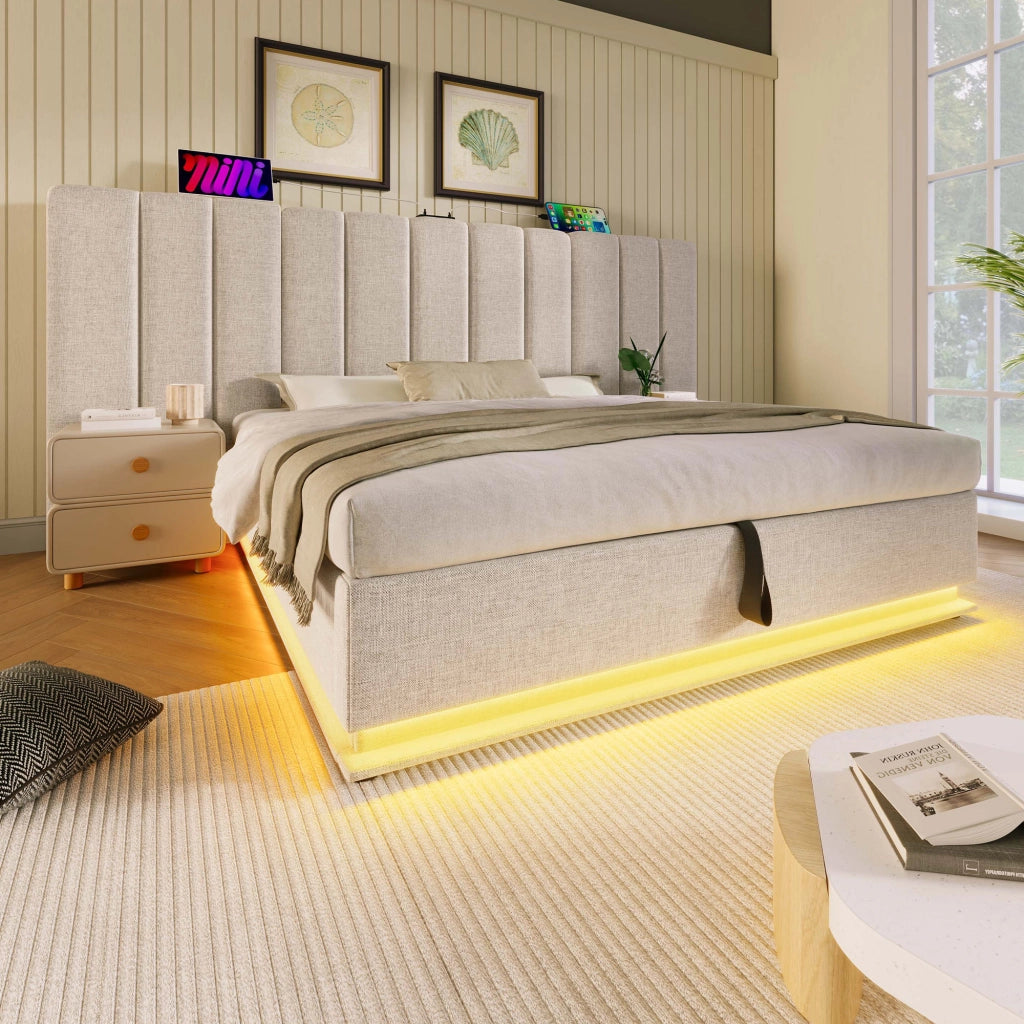 LETTO Contenitore 160x200 cm in Lino Beige con LED e ricarica USB