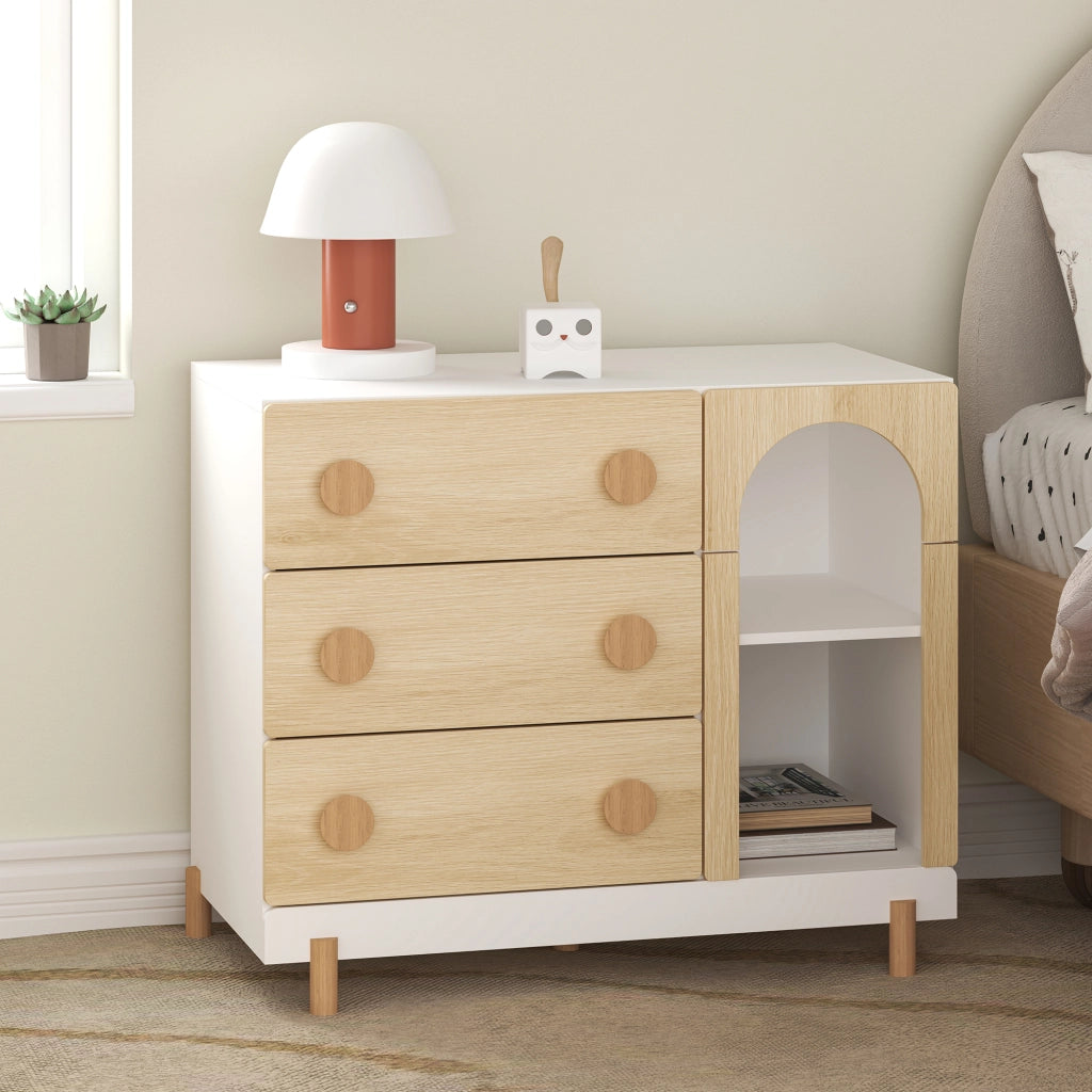 Cassettiera Vaarentaa per Cameretta con 3 Cassetti e 2 Vani Aperti 79x41x66 cm - Bianco/Effetto Rovere [en.casa]