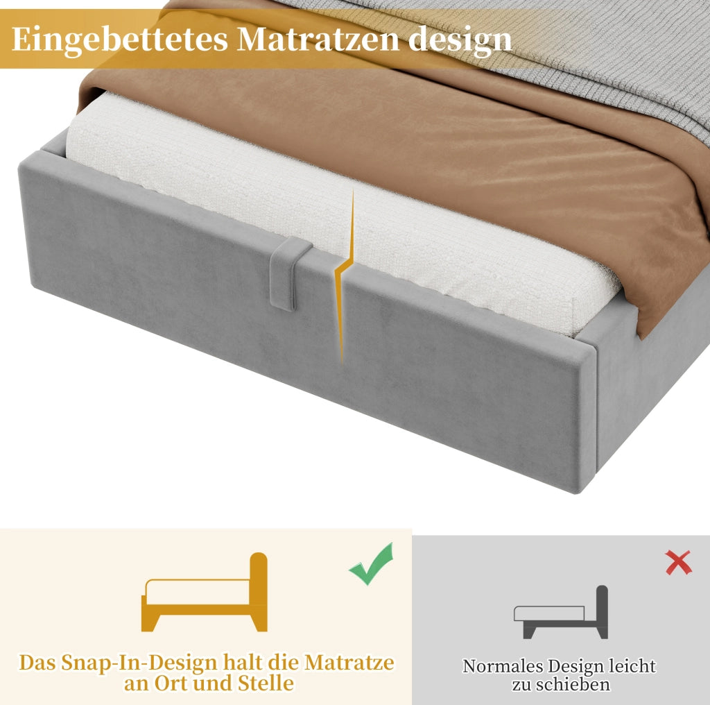 Letto per bambini in velluto grigio con contenitore, rete e luce