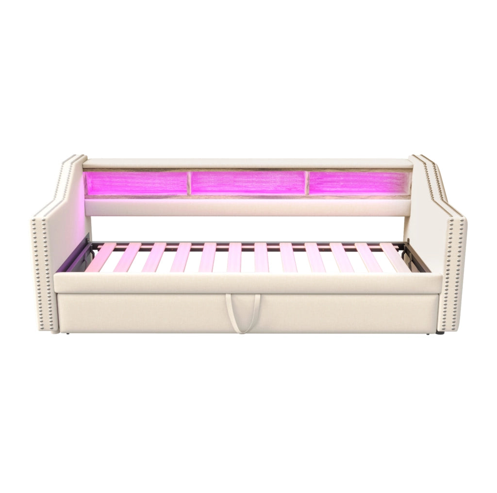 Divano letto 90x190 cm estraibile con vani portaoggetti e USB in tela di juta beige