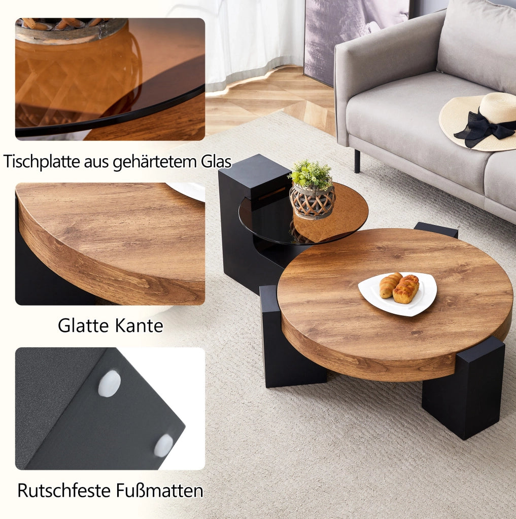 Tavolino da caffè rotondo a due livelli in MDF e vetro; nero e effetto legno; set 61 cm e 44 cm