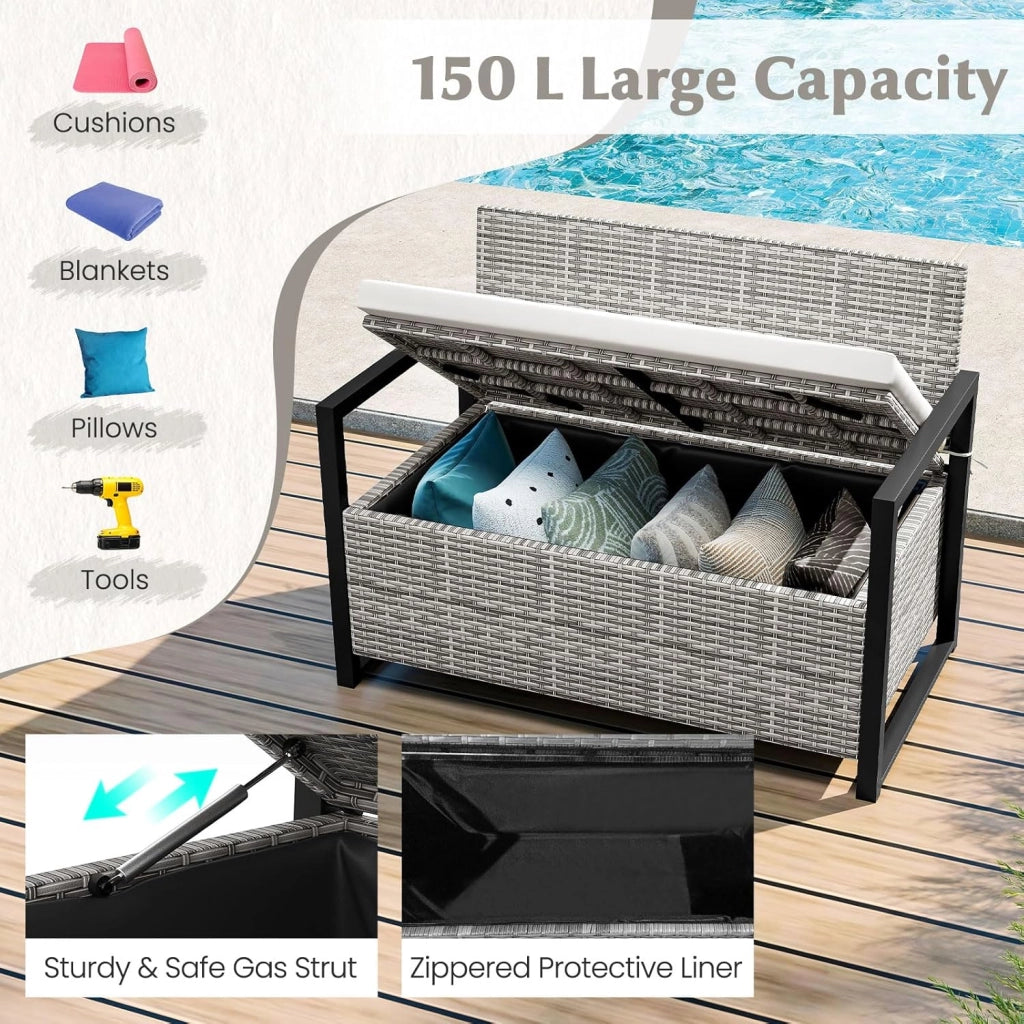 Panca da giardino in rattan, con spazio di archiviazione da 150 l, per esterni, con cuscino, per 2 persone, con schienale e braccioli, portata 360 kg, 117 x 62 x 85 cm