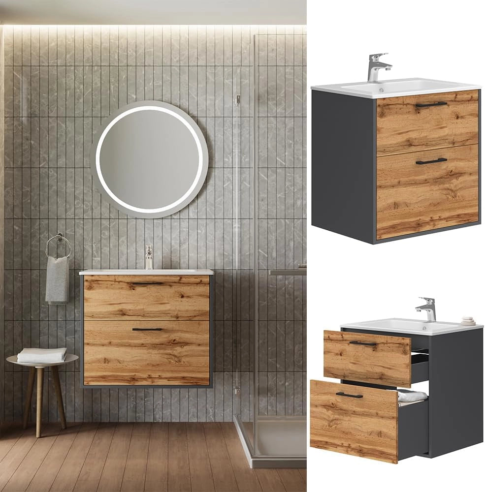 Set di mobili da bagno Lanco, Antracite/quercia dorata, 61 x 61.5 cm con lavabo, composto da mobile sottolavabo e lavabo
