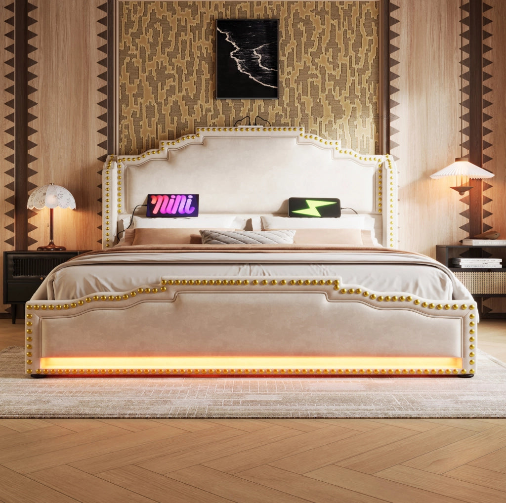 Letto 140x200 cm in velluto beige con 4 cassetti; LED; USB/Type-C e materasso